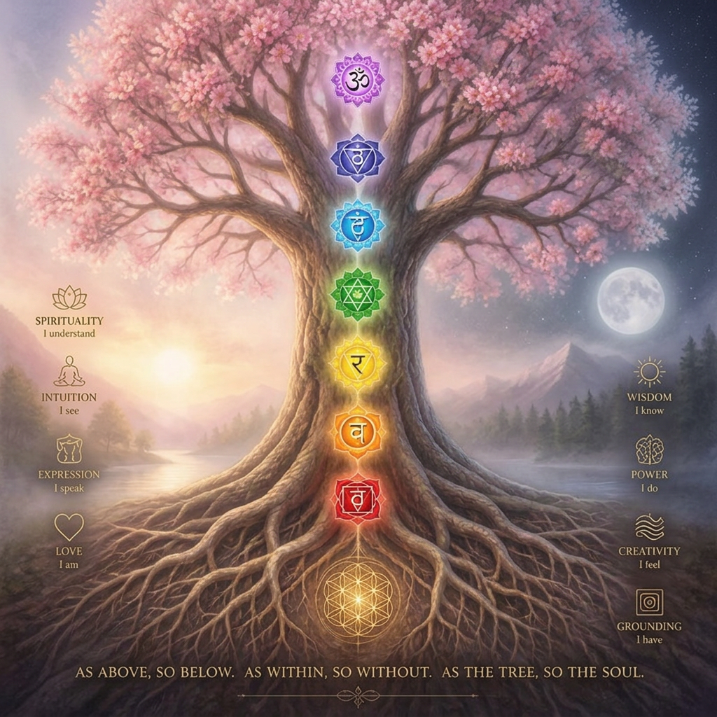 Chakra tree of life with seven chakra symbols on a cosmic background